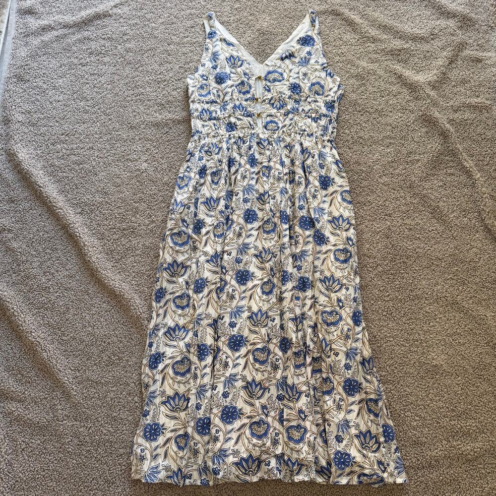 Caroline Constas Smocked Bodice Cotton Lined Midi Dress Blue Floral Sz L